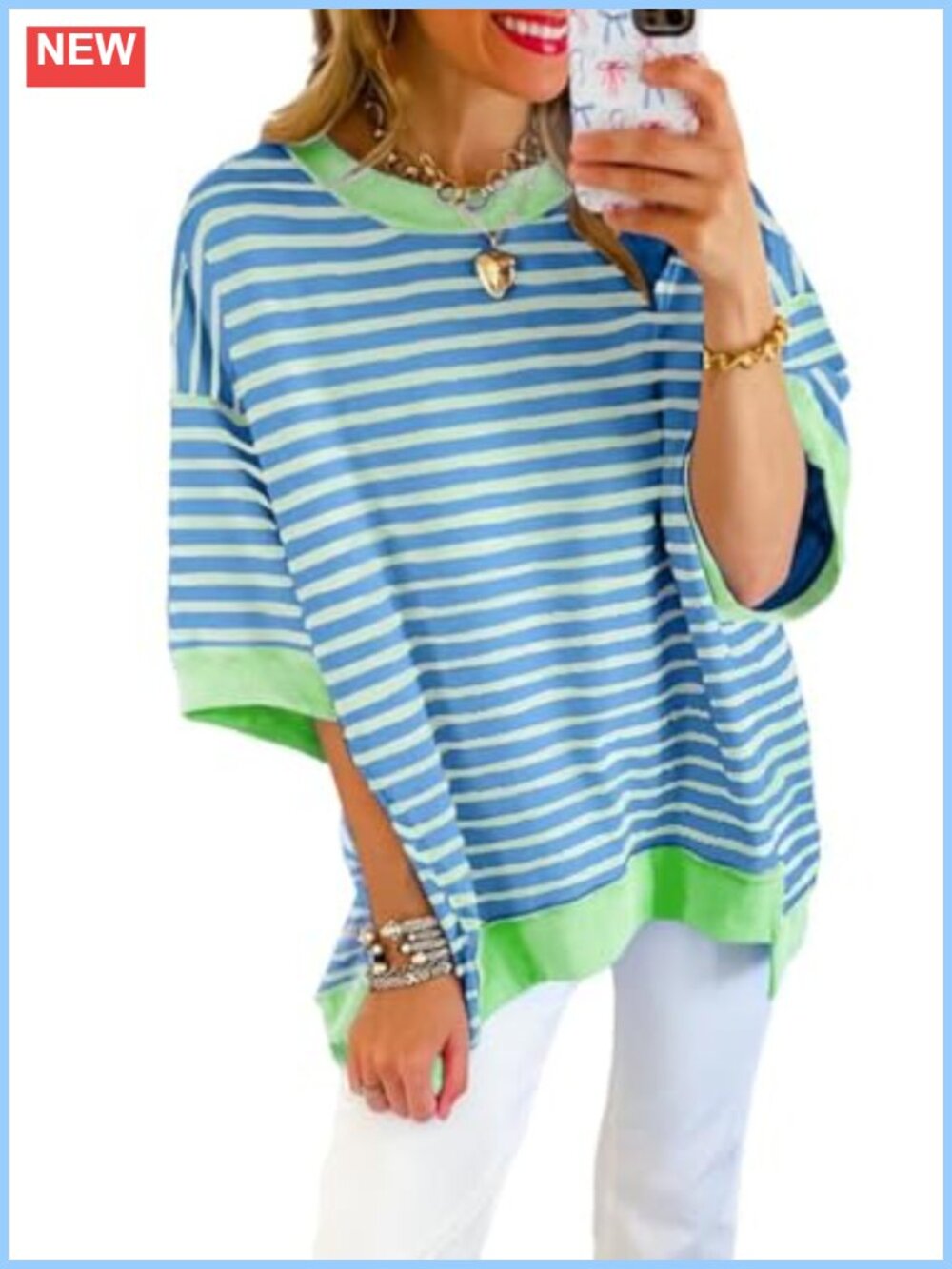 Womens Oversized Striped Crewneck Sweatshirt Pullover Short Sleeve
